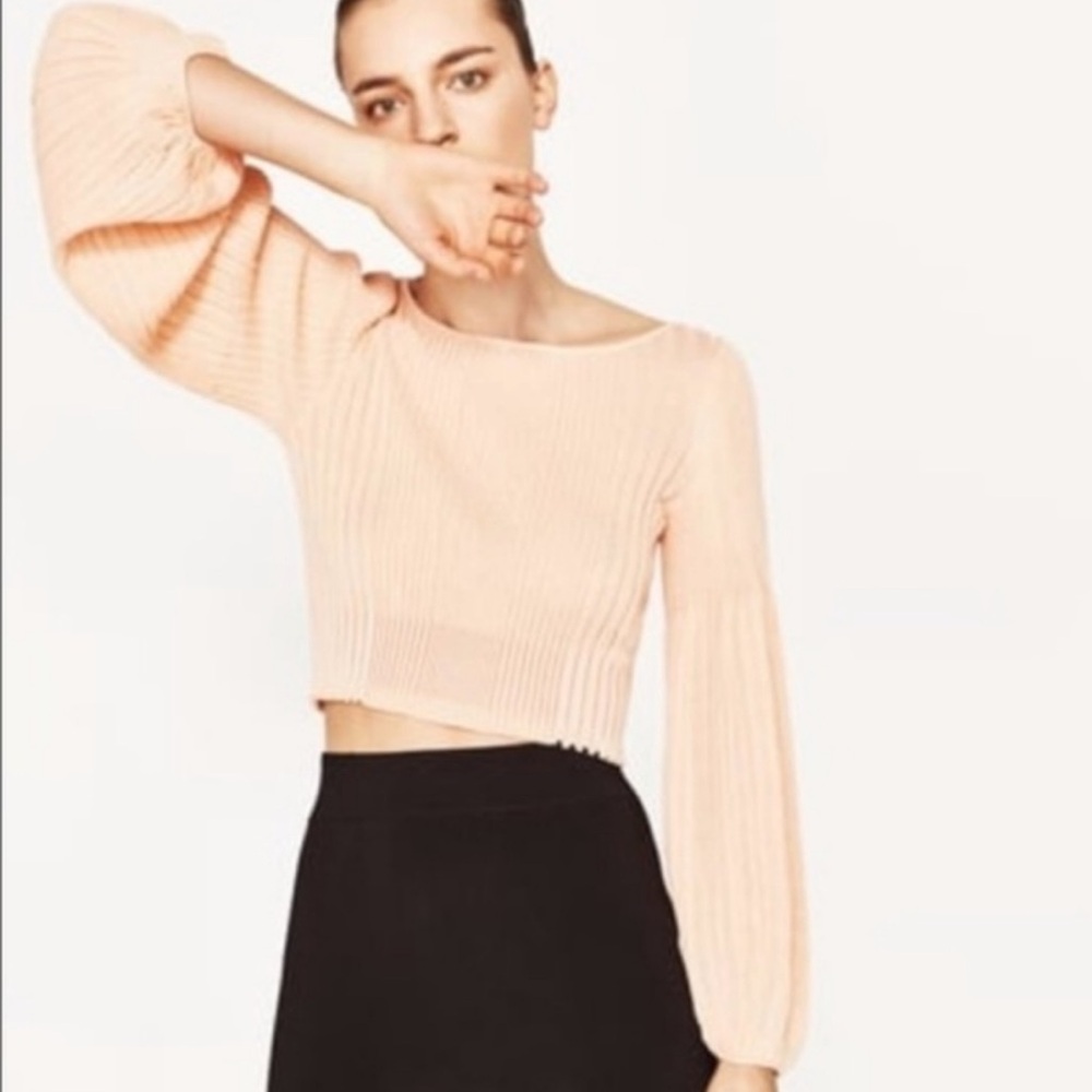 Zara Knit‎ Peach Ribbed Cropped Sweater Balloon Sleeve Medium